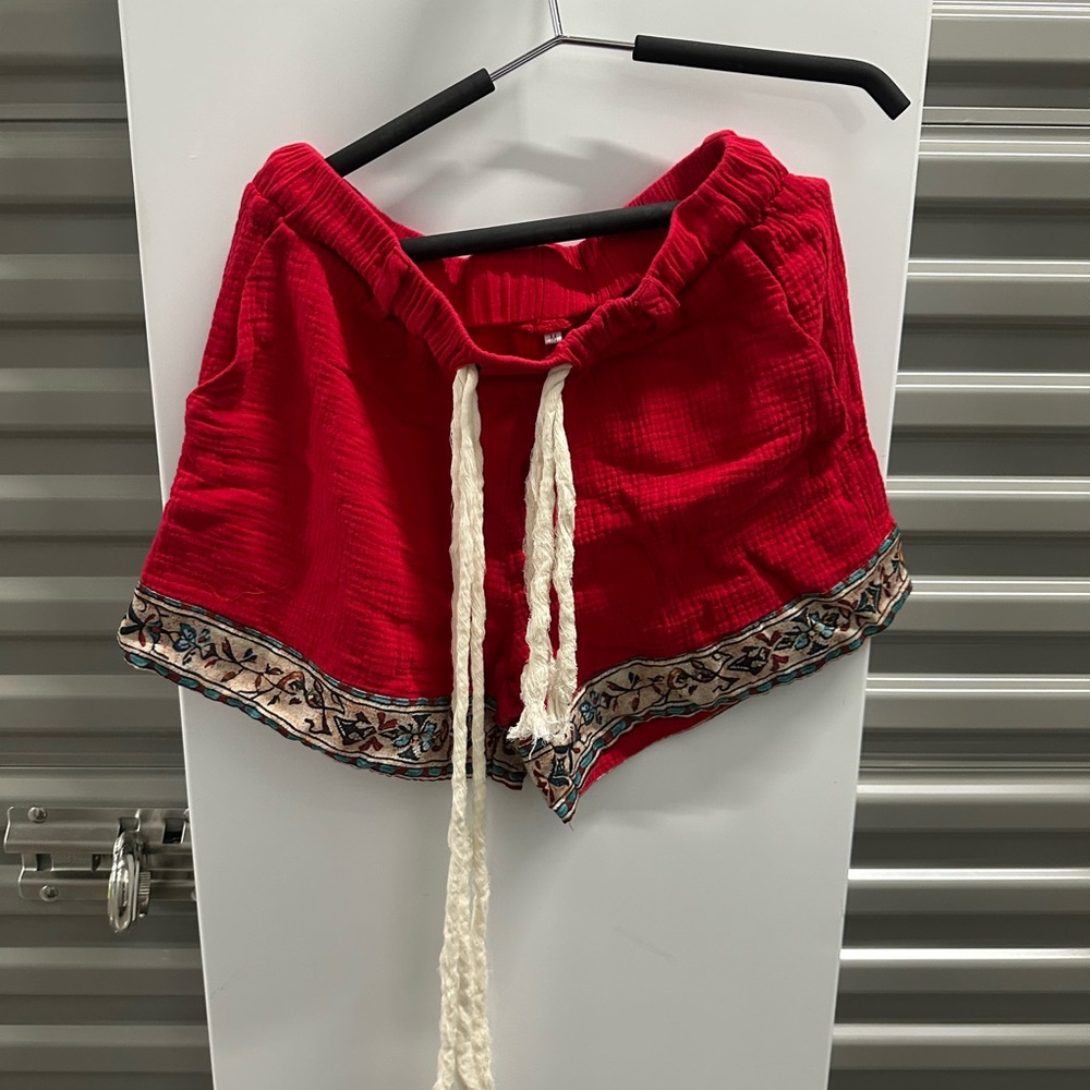 Red Drawstring Shorts with Embroidered Hem